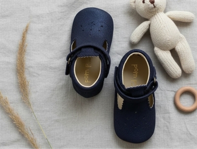 Pom Pom ballerina slippers blue glitter suede