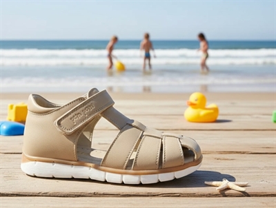 Pom Pom sandal latte with velcro