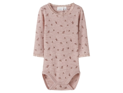Name It bodysuit shadow gray with floral print and lace trim in merino wool