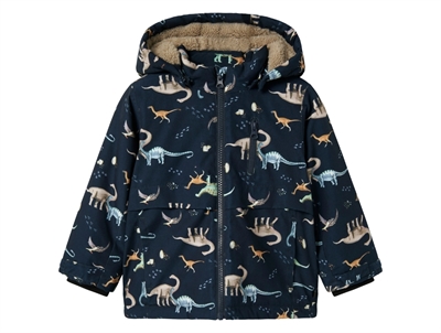 Name It winter jacket dark sapphire with dinosaur print and detachable hood