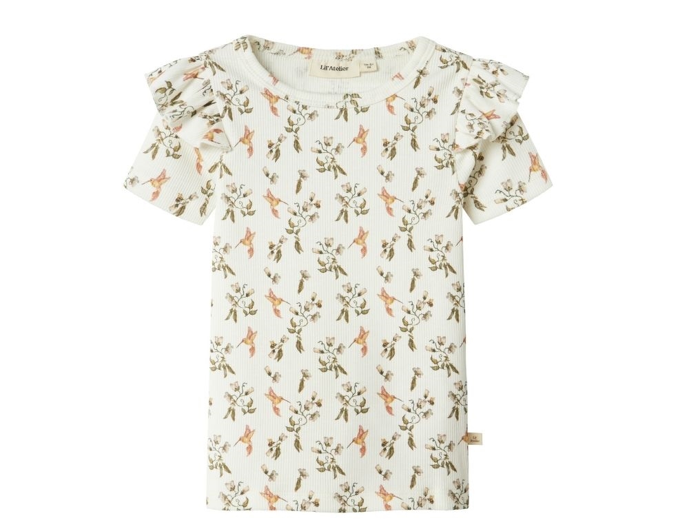 Lil' Atelier dress peach whip with swan print and frill sleeves  