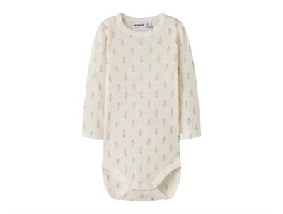 Name It bodysuit snow white with floral print and lace trim in merino wool