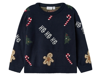 Name It knit sweater navy blazer with gingerbread men and Christmas trees