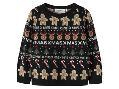Name It Christmas knit sweater black with reindeer and gingerbread men