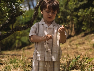 Lil' Atelier transitional jacket shitake with checks and teddy collar