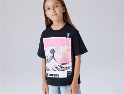 Name It t-shirt black with Hokusai print