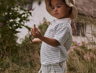 Lil' Atelier transitional jacket shitake with checks and teddy collar
