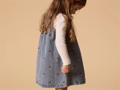 Lil' Atelier pinafore dress medium blue denim with cherry embroidery