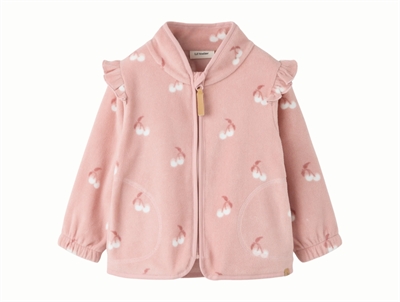 Lil' Atelier fleece jacket misty rose with ruffles and cherry print