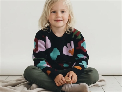 FUB sweater jacquard dark navy with flowers in merino wool