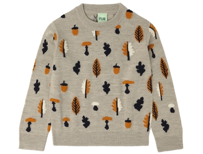 FUB sweater oat melange jacquard with autumn motif in merino wool