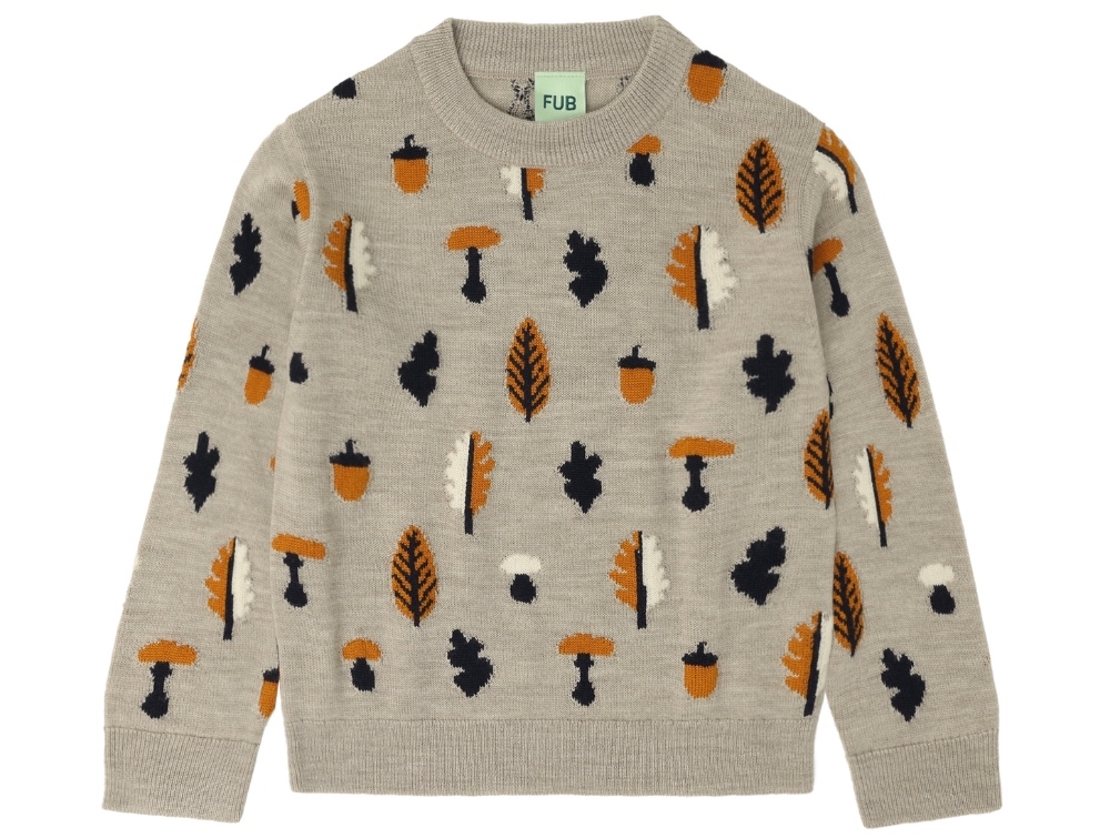FUB sweater oat melange jacquard with autumn motif in merino wool