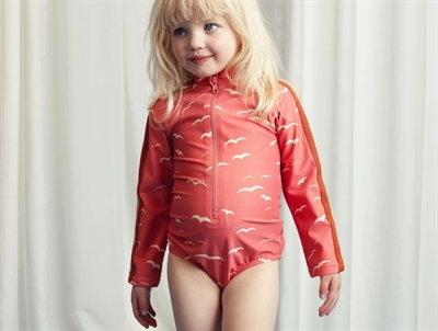 Mini Rodini long-sleeved swimsuit pink with seagulls UPF 50+