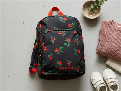 Mini Rodini backpack black with lingonberry print and embroidered logo