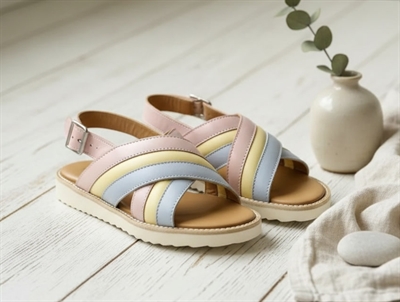 Angulus ice blue/mellow yellow/pale rose buckle sandal