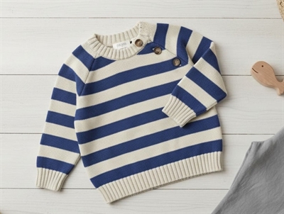 Petit Piao denim blue/soft sand striped knit blouse