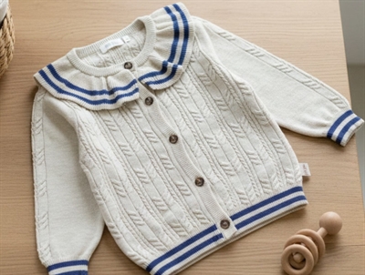 Petit Piao nature white/denim blue knit cable collar cardigan