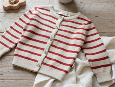 Petit Piao off white/bright red striped knit cardigan