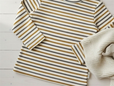 Petit Piao chocolate brown/golden sun/dark offwhite striped t-shirt modal