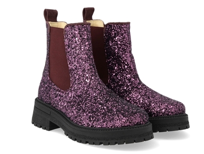 Angulus Chelsea boot aubergine glitter with chunky track sole
