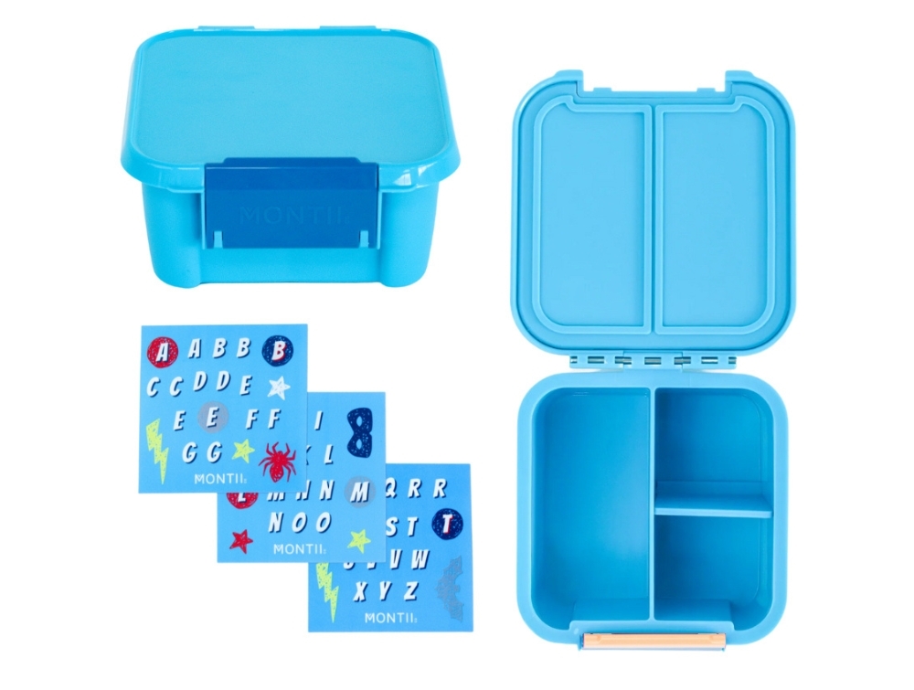 MontiiCo snack box blue with 2 compartments and sticker set