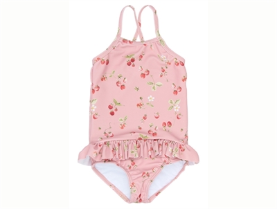 Petit Piao swimsuit misty rose with strawberry print and ruffles