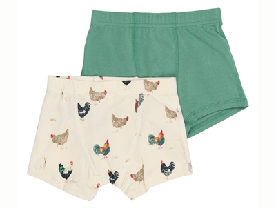 Petit Piao underwear in green and eggnog with rooster print 2-pack