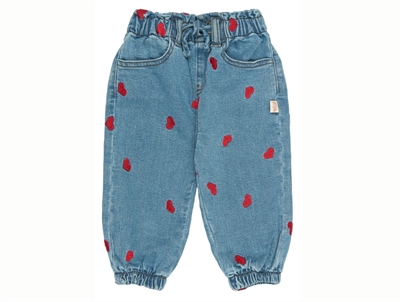 Petit Piao light blue denim pants with embroidered hearts