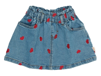Petit Piao light blue denim skirt with embroidered hearts