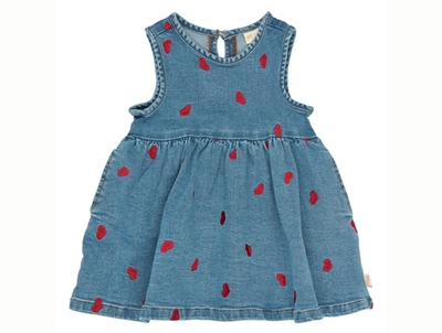 Petit Piao light blue denim dress with embroidered hearts