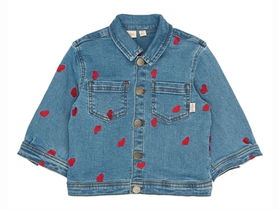 Petit Piao light blue denim cowboy jacket with embroidered hearts