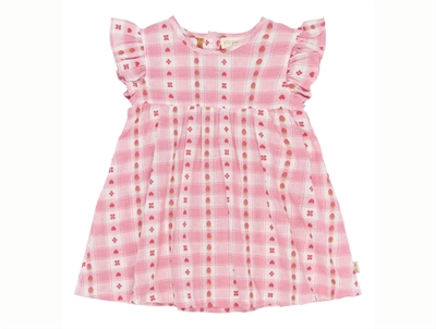 Petit Piao dress dusty rose with checks and strawberry print