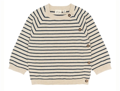 Petit Piao knit sweater with dark denim stripes and side buttons