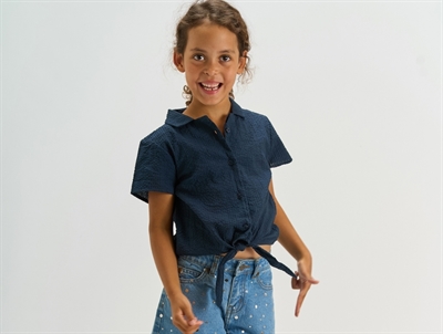 THE NEW short-sleeved shirt navy blazer with knot detail